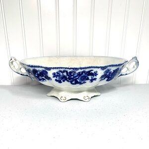 Antique Flow Blue and White Porcelain Footed Vegetable Dish with Handles
